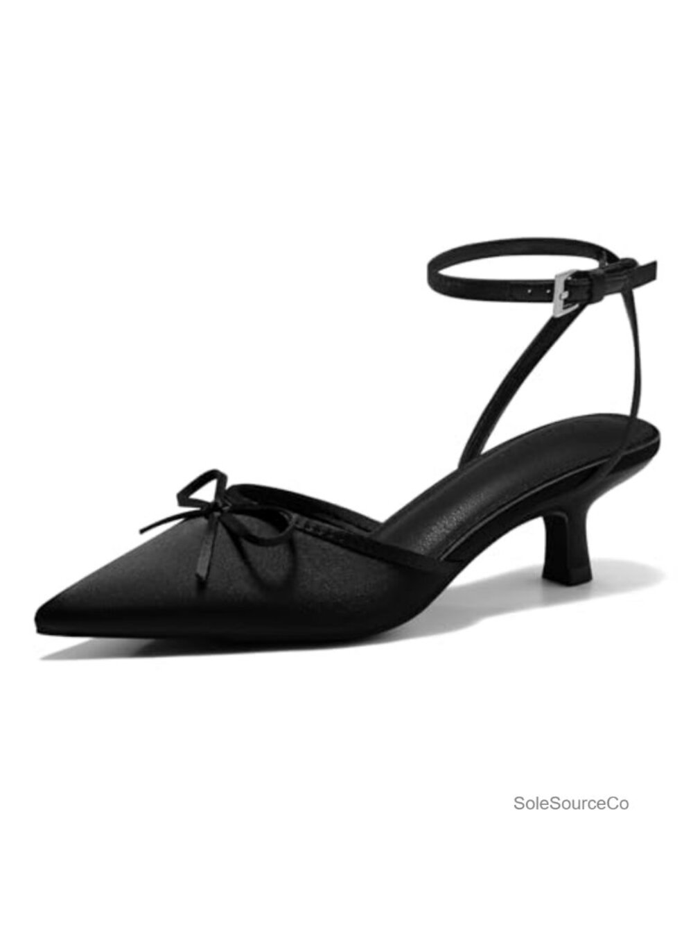 Satin Kitten Heels with Bow Closed Pointed Toe Pumps Low Heel Dress Wedding